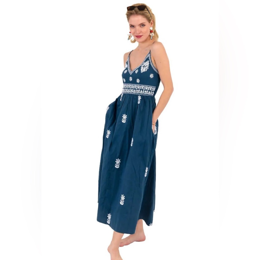 NWT Gretchen Scott Navy Embroidered Boho Midi Dress | Adjustable Straps | Resort